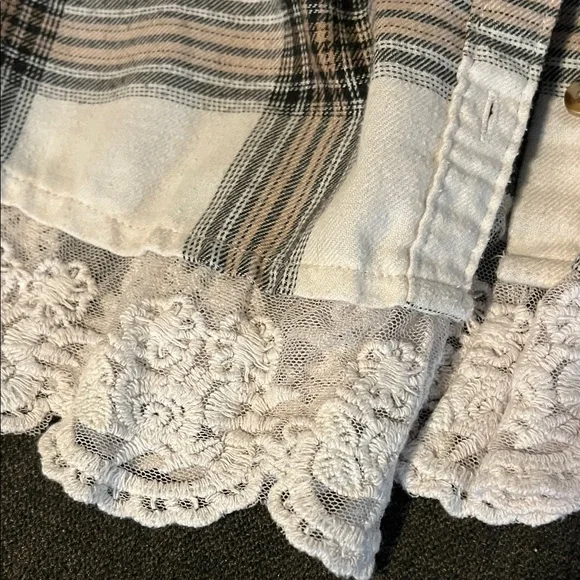 Plaid Button-Up Shirt with Lace Hem - Picture 2 of 5